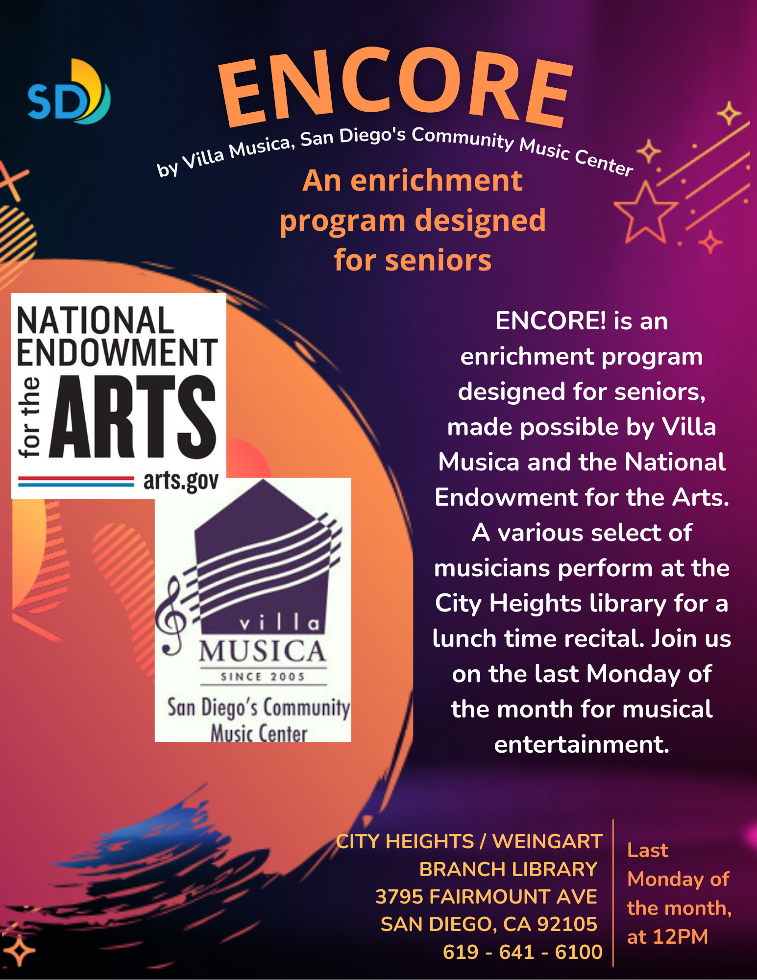 Program flyer describing event and time; Lunchtime recital occurs on the last Monday of the month at 12PM.