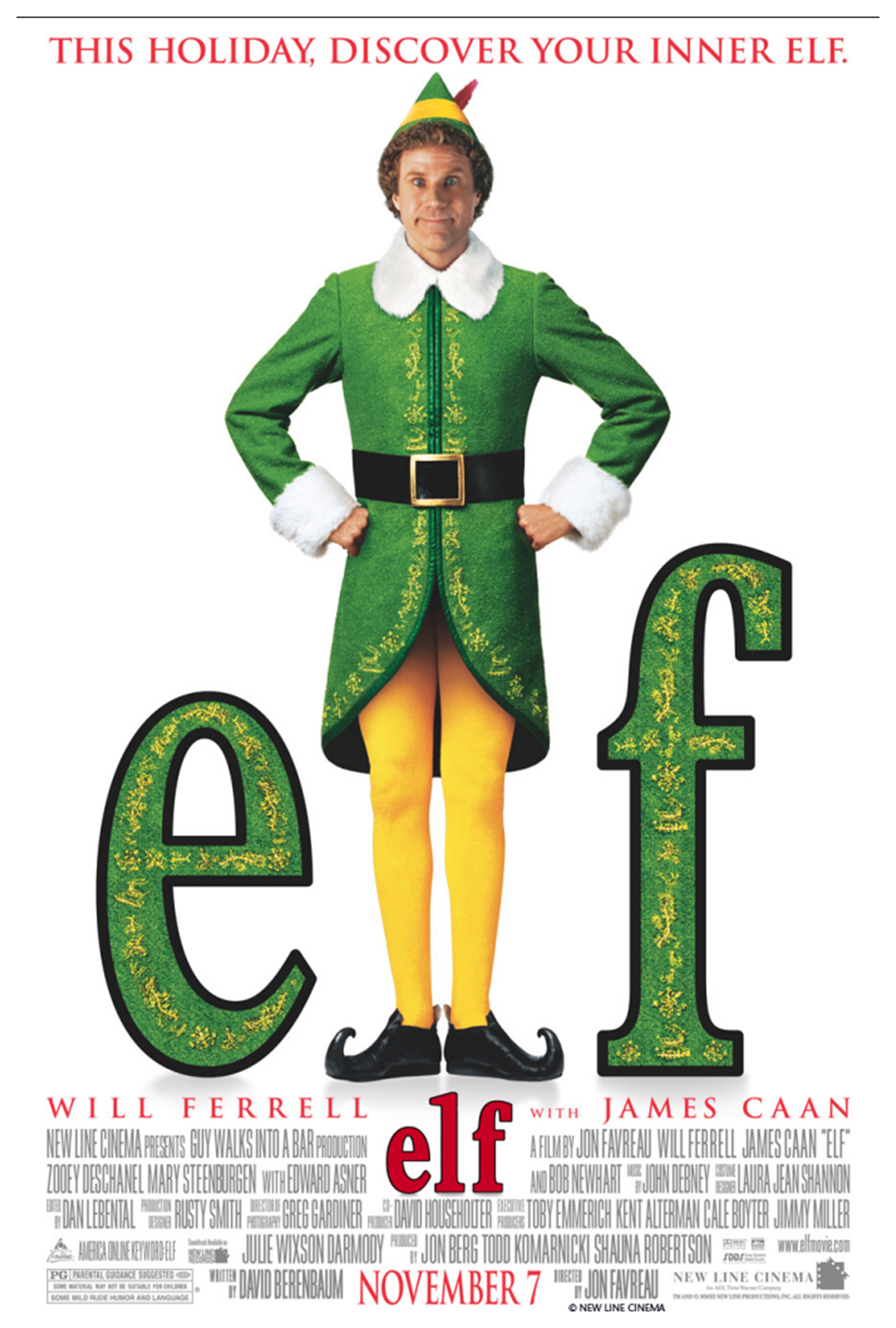 Film poster for Elf featuring an elf standing-in as the letter "L" between two green letters "e" and "f" on a white background.