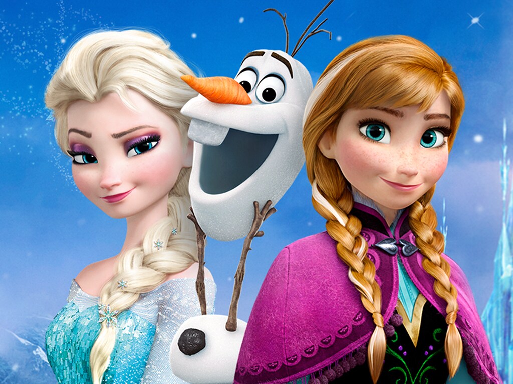 Frozen's main characters, Elsa, Olaf, and Anna are shown smiling against a starry blue background