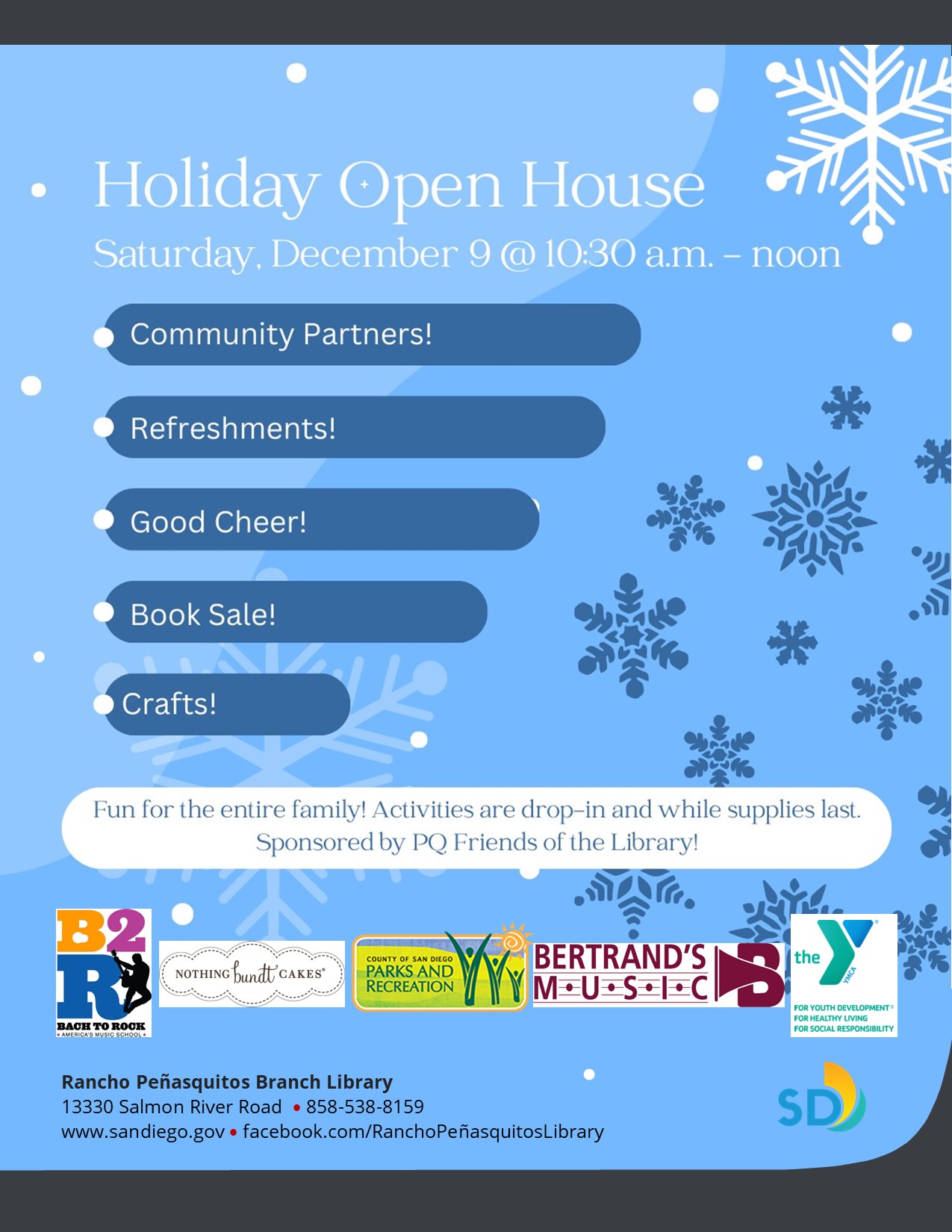 flyer listing events at holiday open house and partner logos
