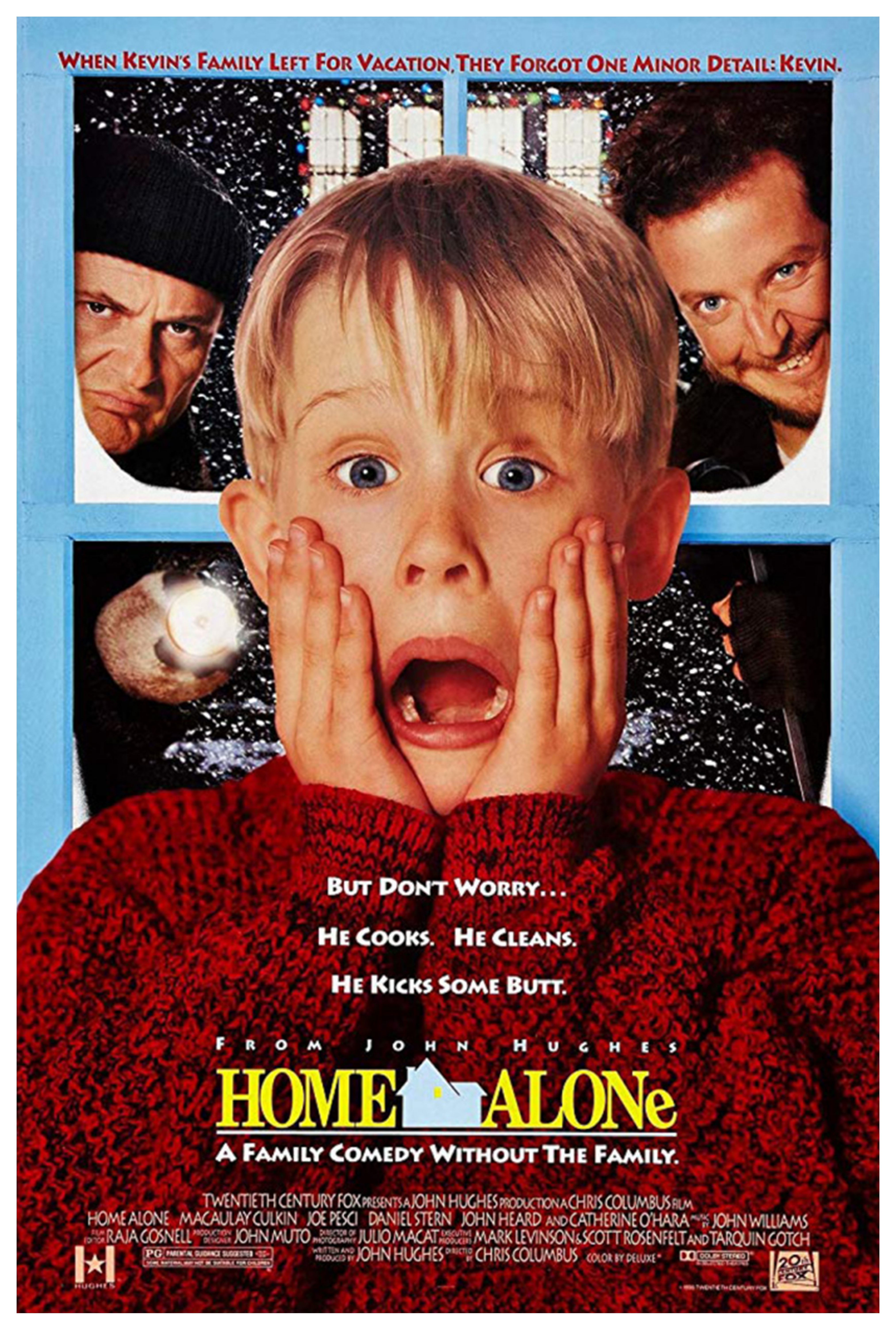 Film poster for Home Alone featuring a boy with a look of surprise and two people staring in through a window in the background.