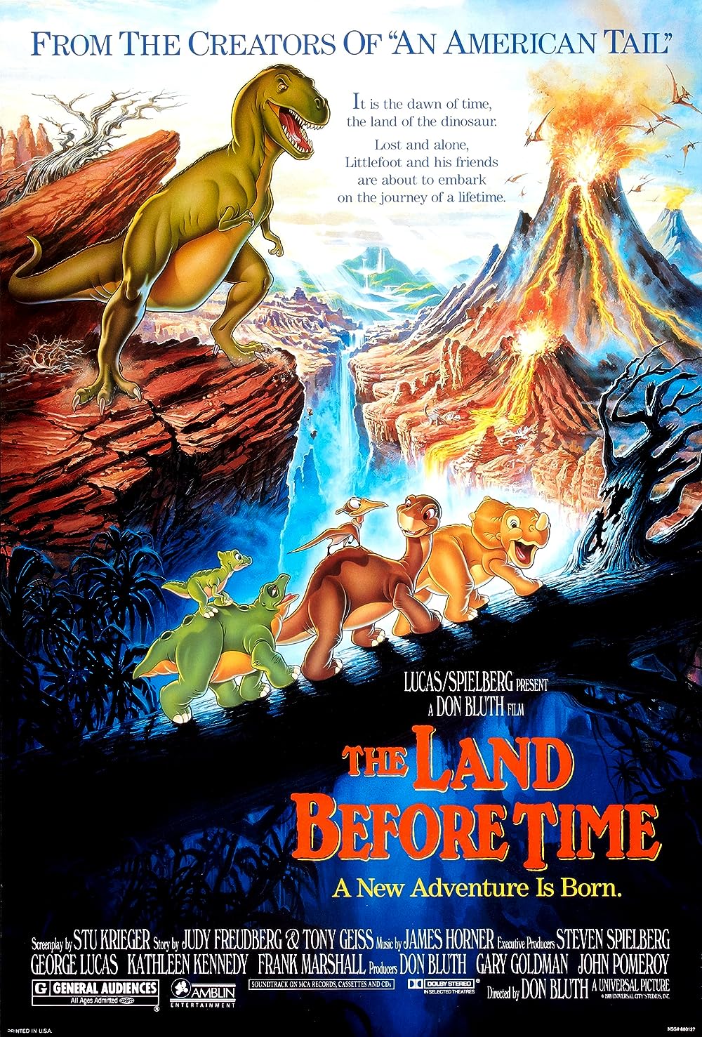 Poster from the movie The Land Before Time featuring dinosaurs