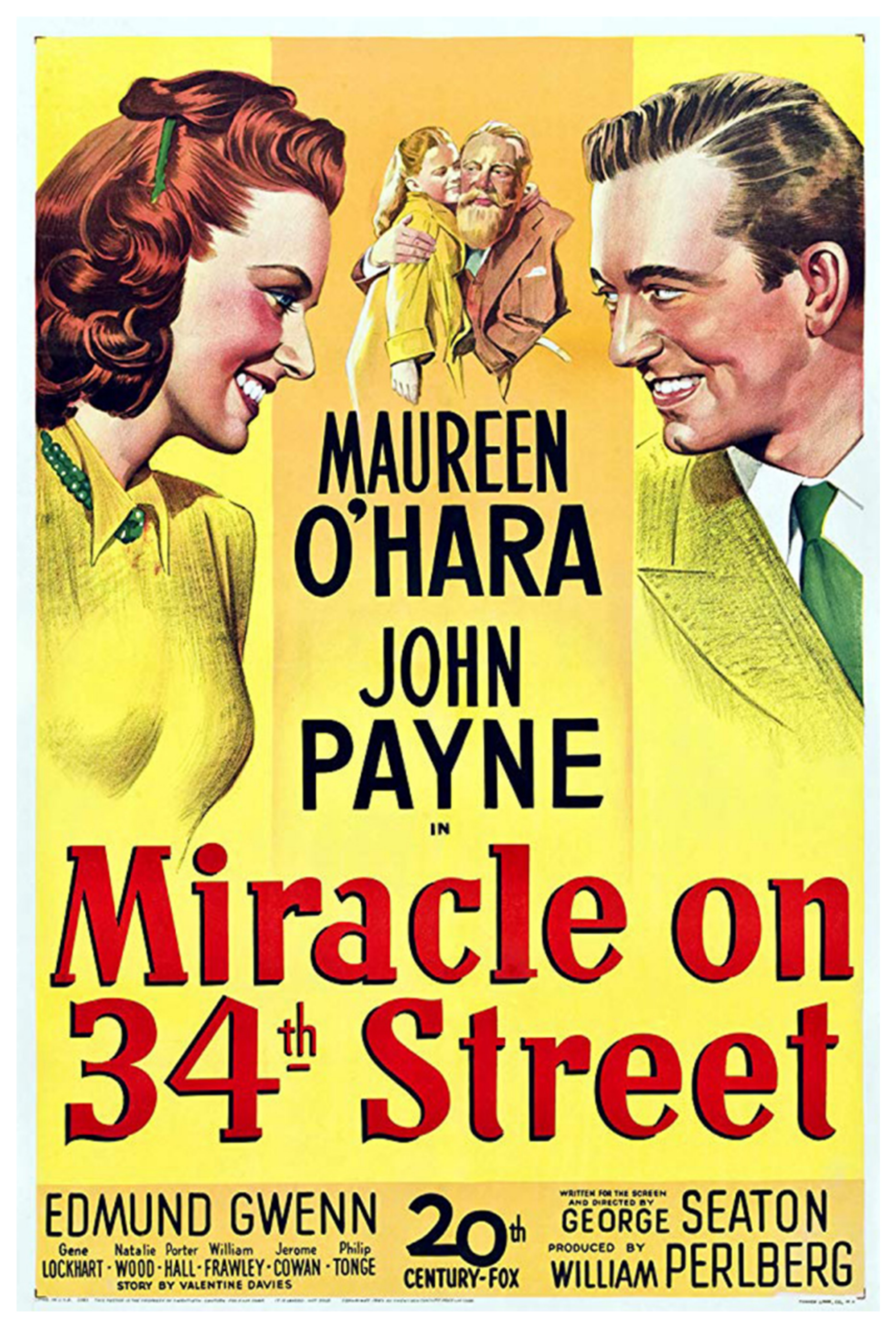 Film poster for Miracle on 34th Street featuring a man and woman staring into each other's eyes with Santa Claus and a little girl in the background on a yellow background with red and black lettering.