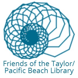 Teal drawing of a nautilus shell, with "Friends of the Taylor/Pacific Beach Library"