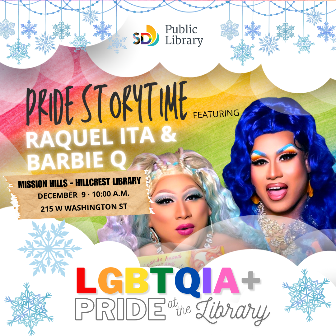 Two storytime performers, one has bright blue hair and the other has silver hair, the flyer is on a background of white puffy clouds, a rainbow scene and light blue snowflakes are spread throughout. 