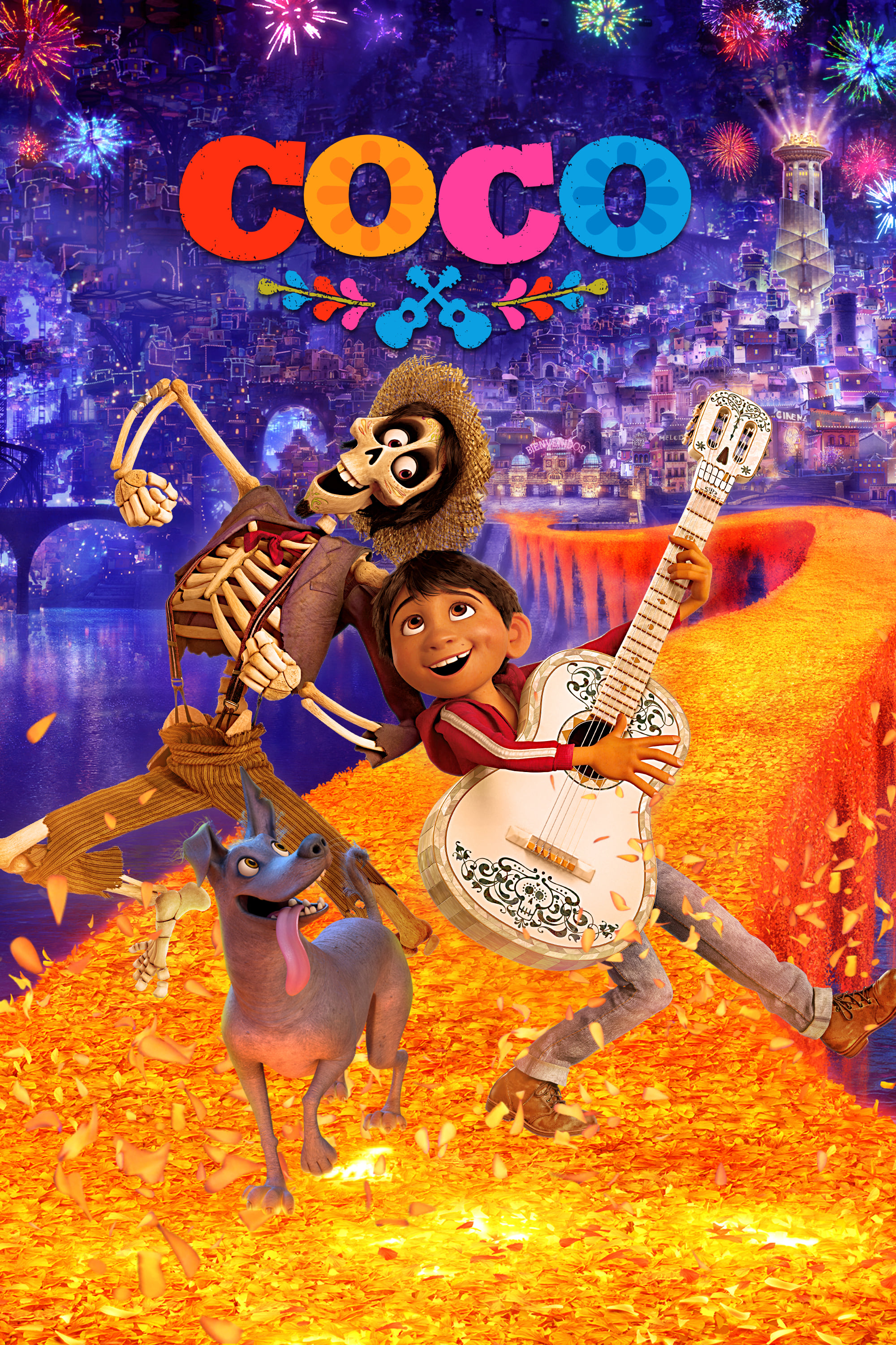 Colorful still from the movie Coco featuring a young boy with a guitar, a skeleton, and a dog