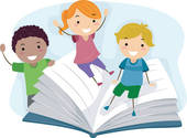 3 cartoon children jumping out of a cartoon open book.