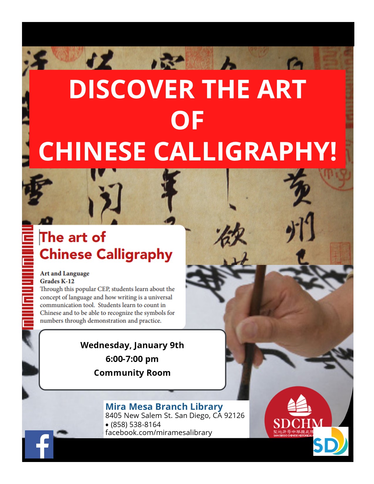 Flyer with hand using brush to write in Chinese Calligraphy