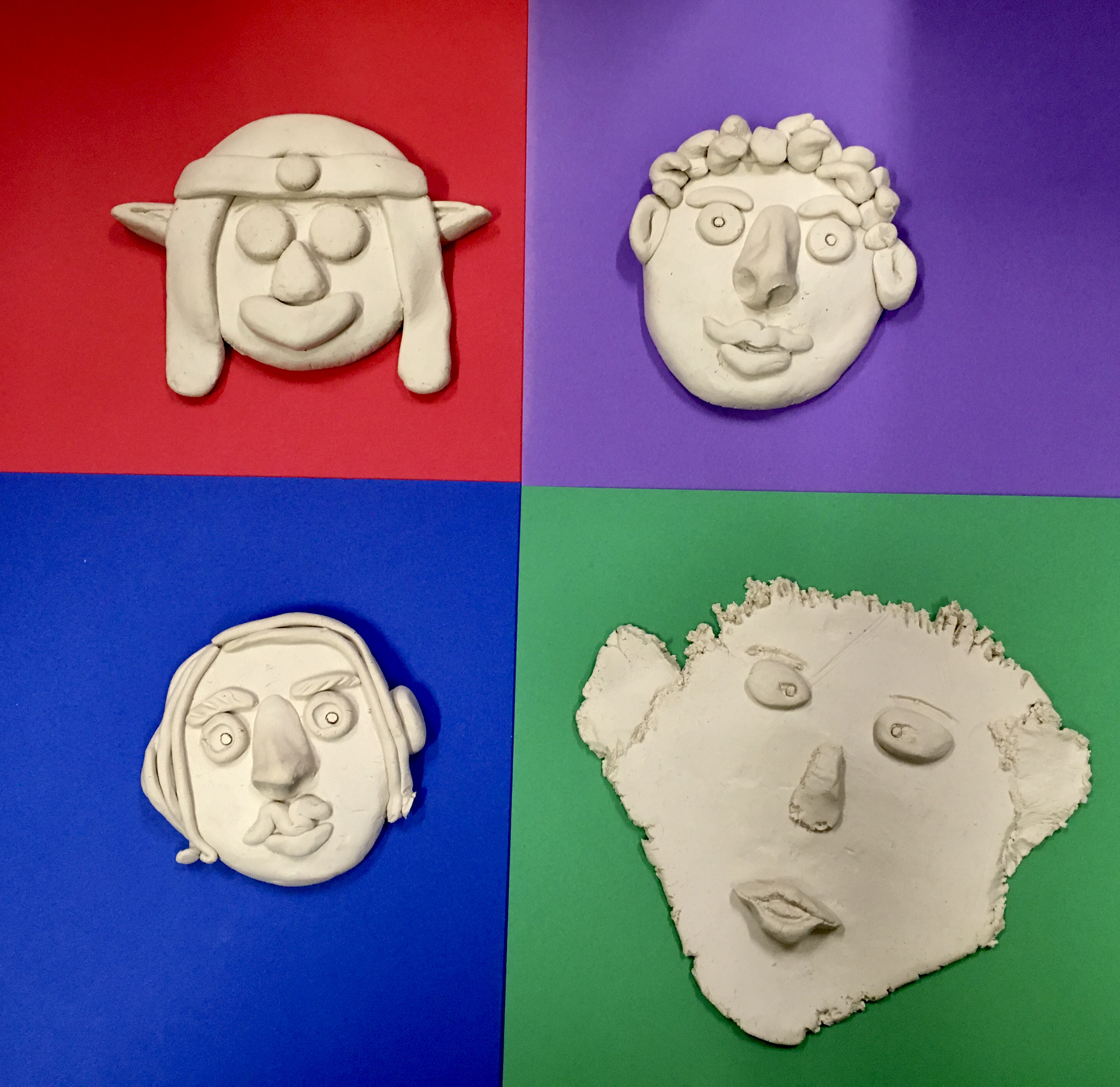 4 different clay faces on colorful backgrounds