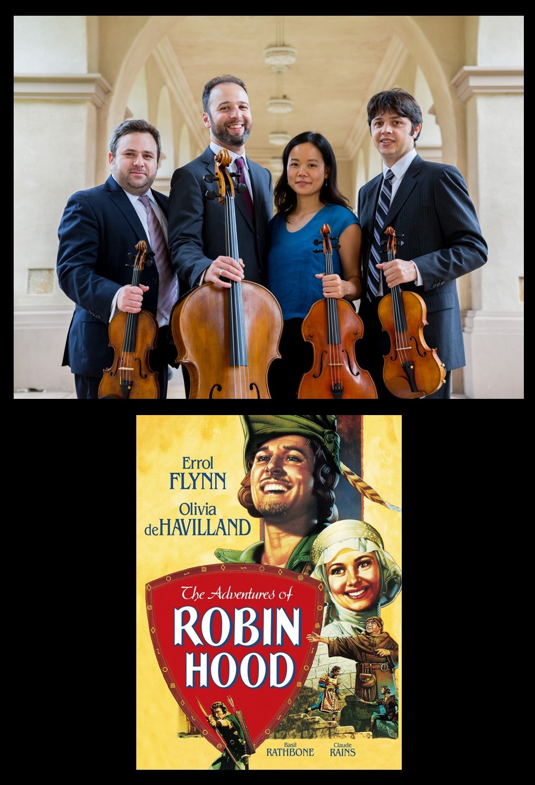 Photo of the Hausmann Quartet members holding instruments and The Adventures of Robin Hood movie poster