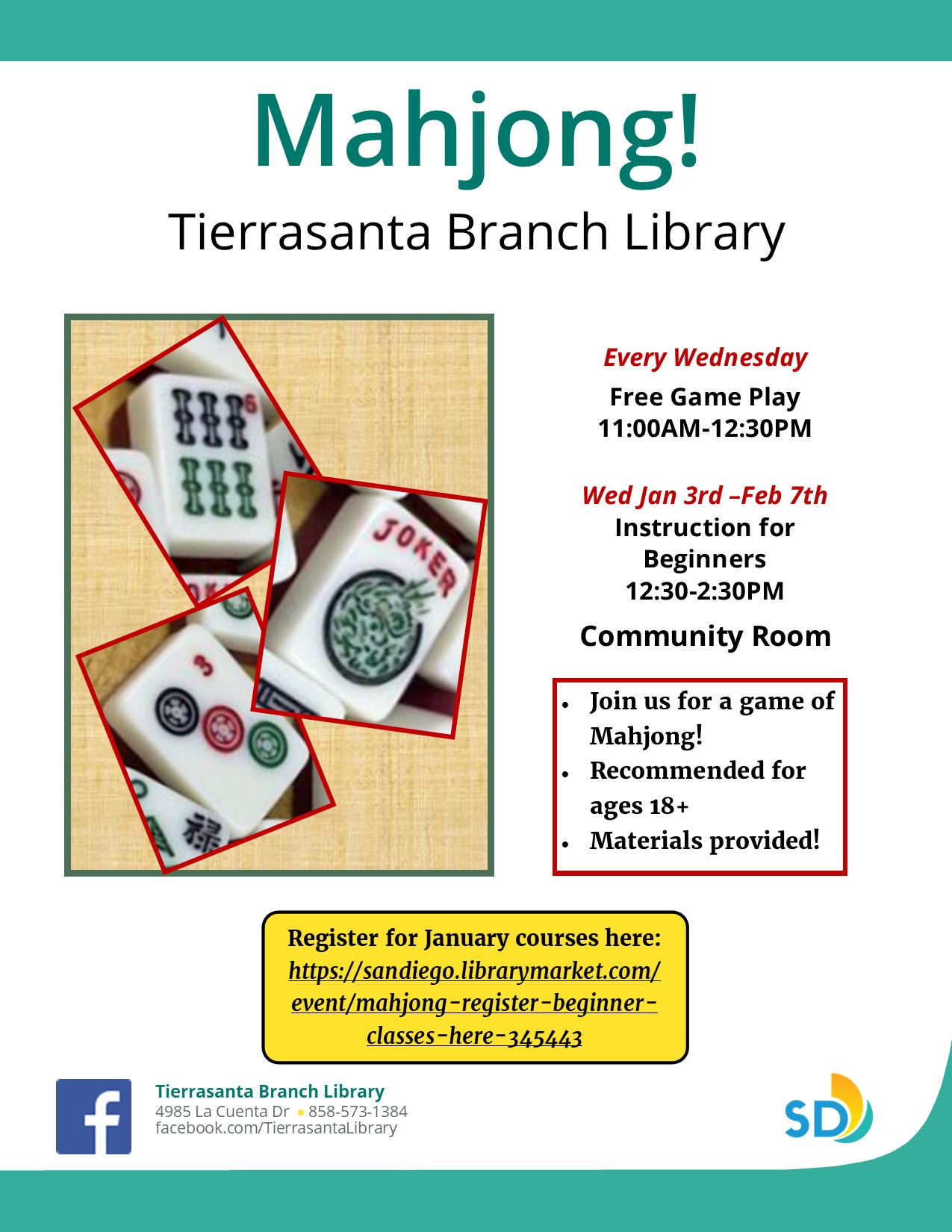 Mahjong Beginner Classes flyer with information and images of mahjong tiles.