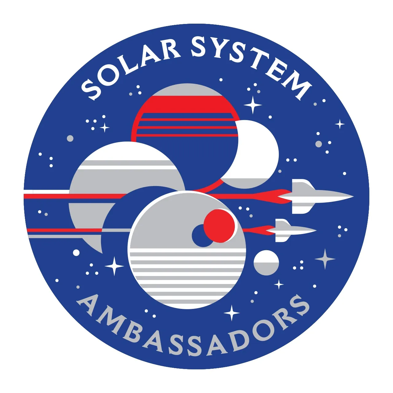 Solar System Ambassadors Logo: blue background lettering in white, spheres in white red and blue with rockets flying past from left to right