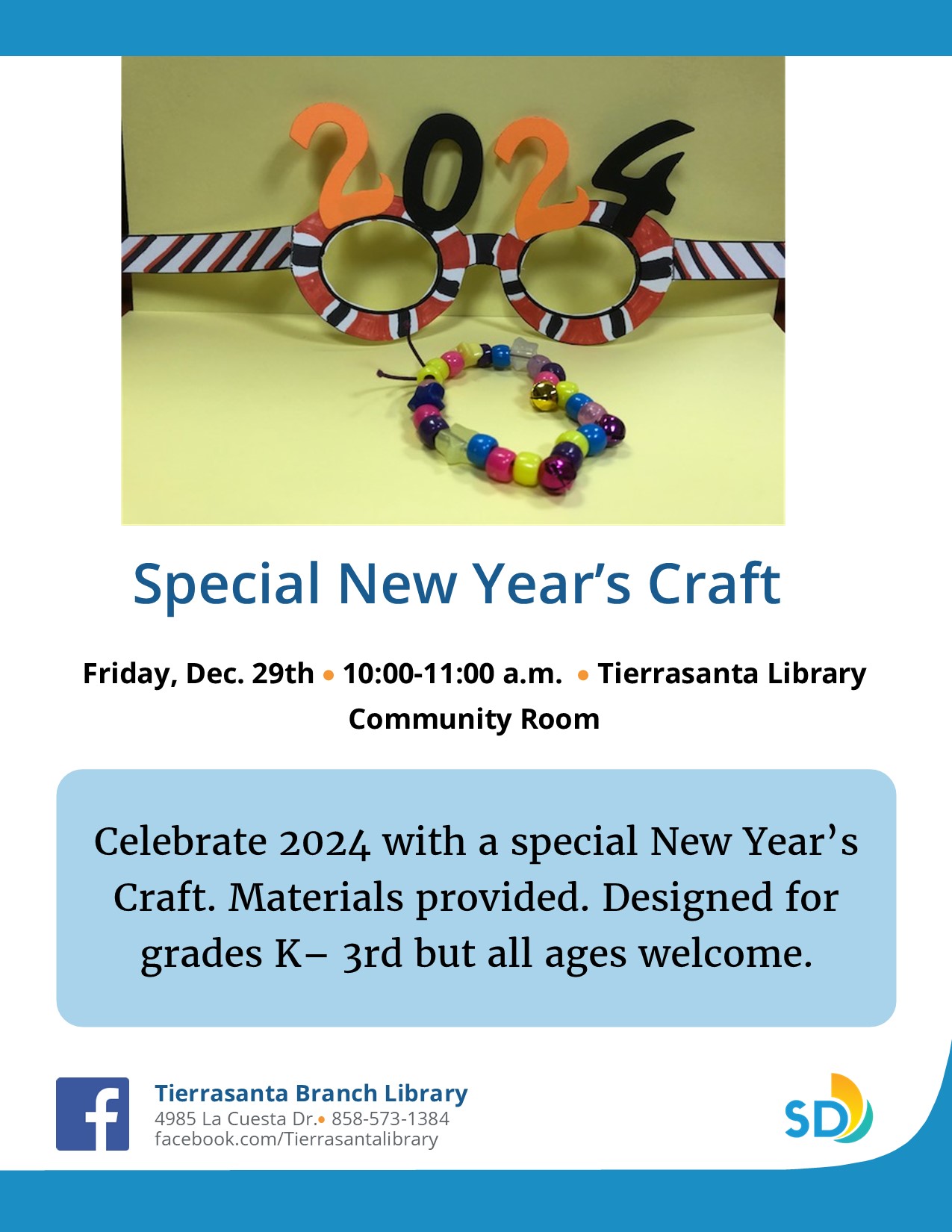Flyer with a pair of 2024 glasses and a jingle bell bracelet