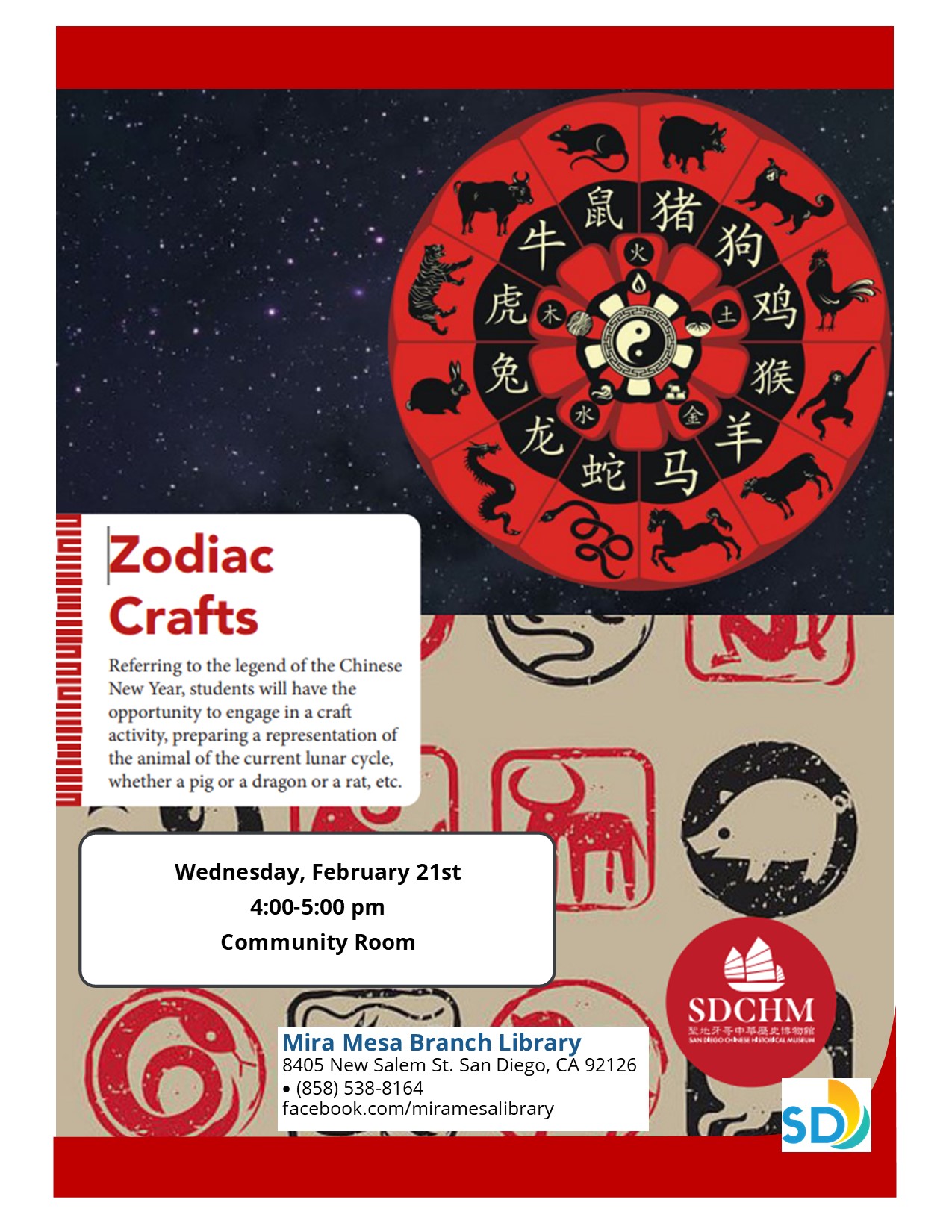 Red, black and beige flyer with Chinese Zodiac symbols