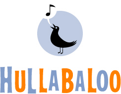 Black singing bird with musical note with blue and orange letter spelling out Hullabaloo