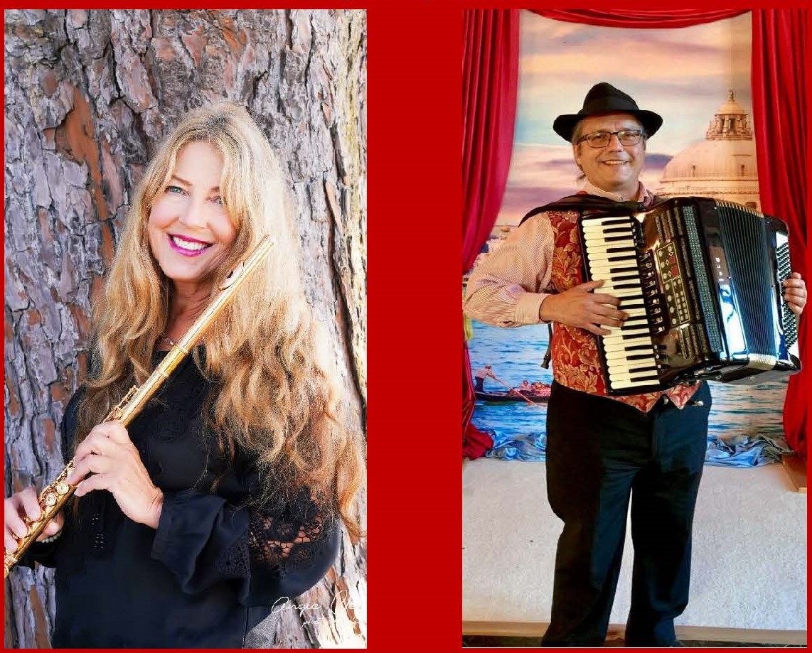Adrienne Nims holding a flute and Mark Danisovszky playing an accordion