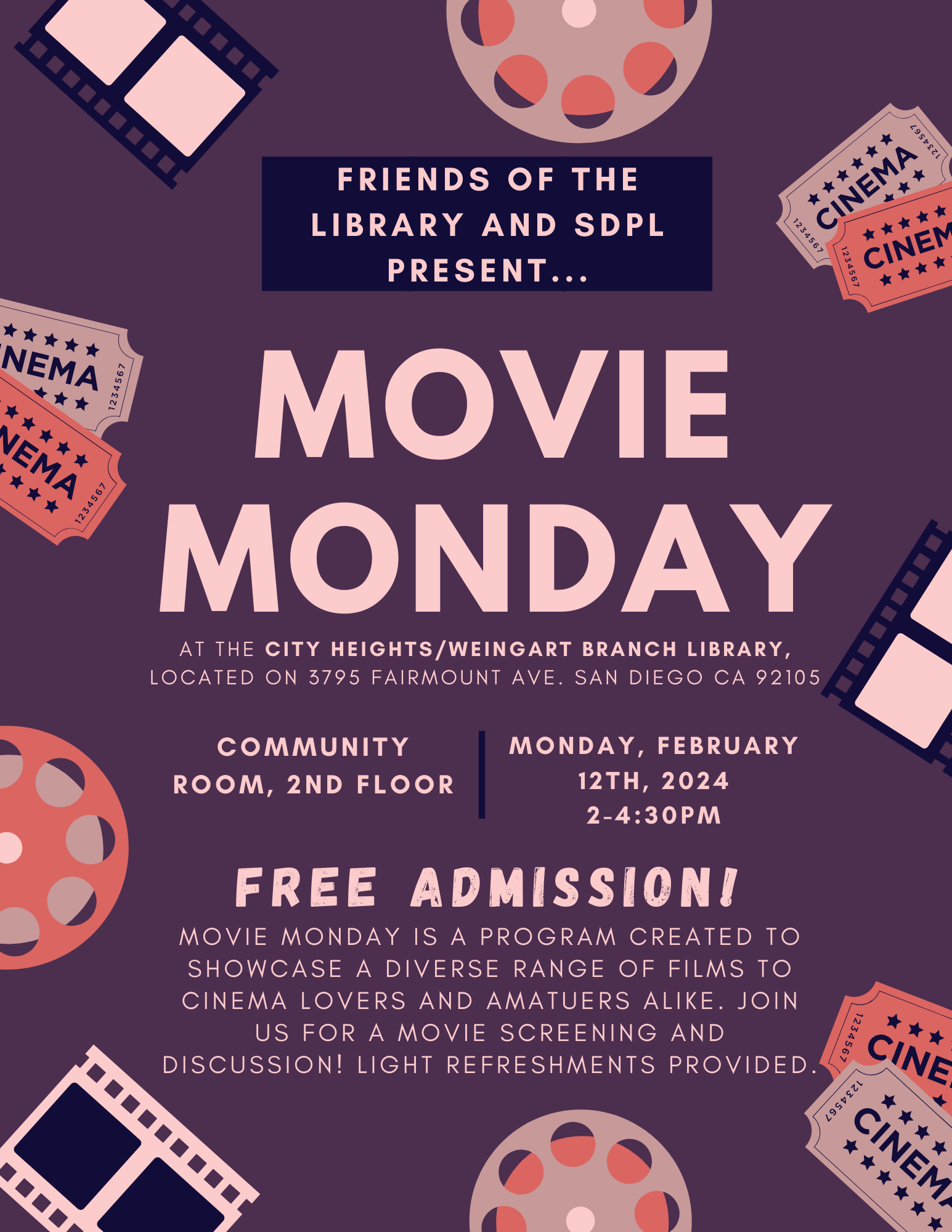 Monday Movie followed by discussion, February 12th, 2-4:30pm. 
