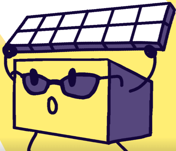 cartoon block with sunglasses holding solar panel above head