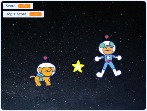 Game with cartoon space girl and space dog collecting star in outer space
