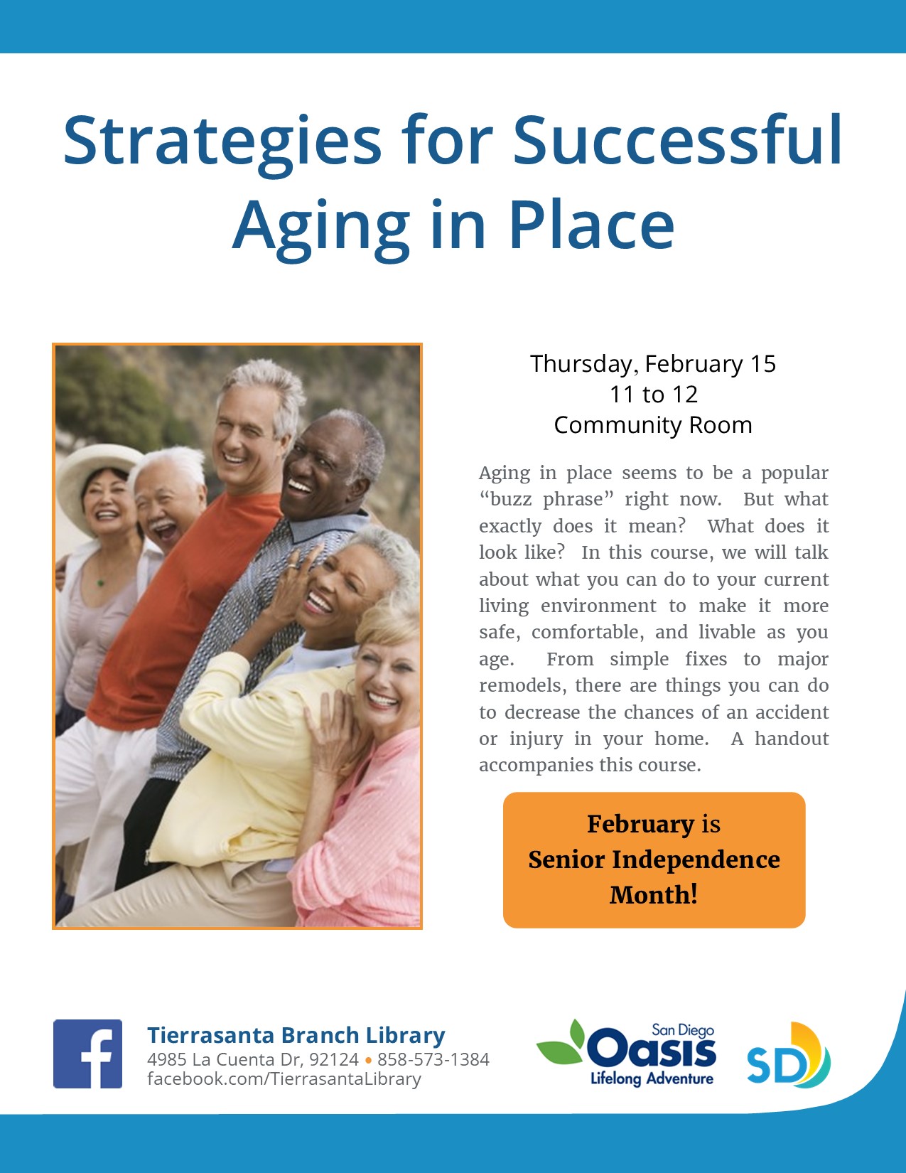 Informational program flyer with blue and orange color scheme. The flyer features an image of senior adults smiling and embracing.