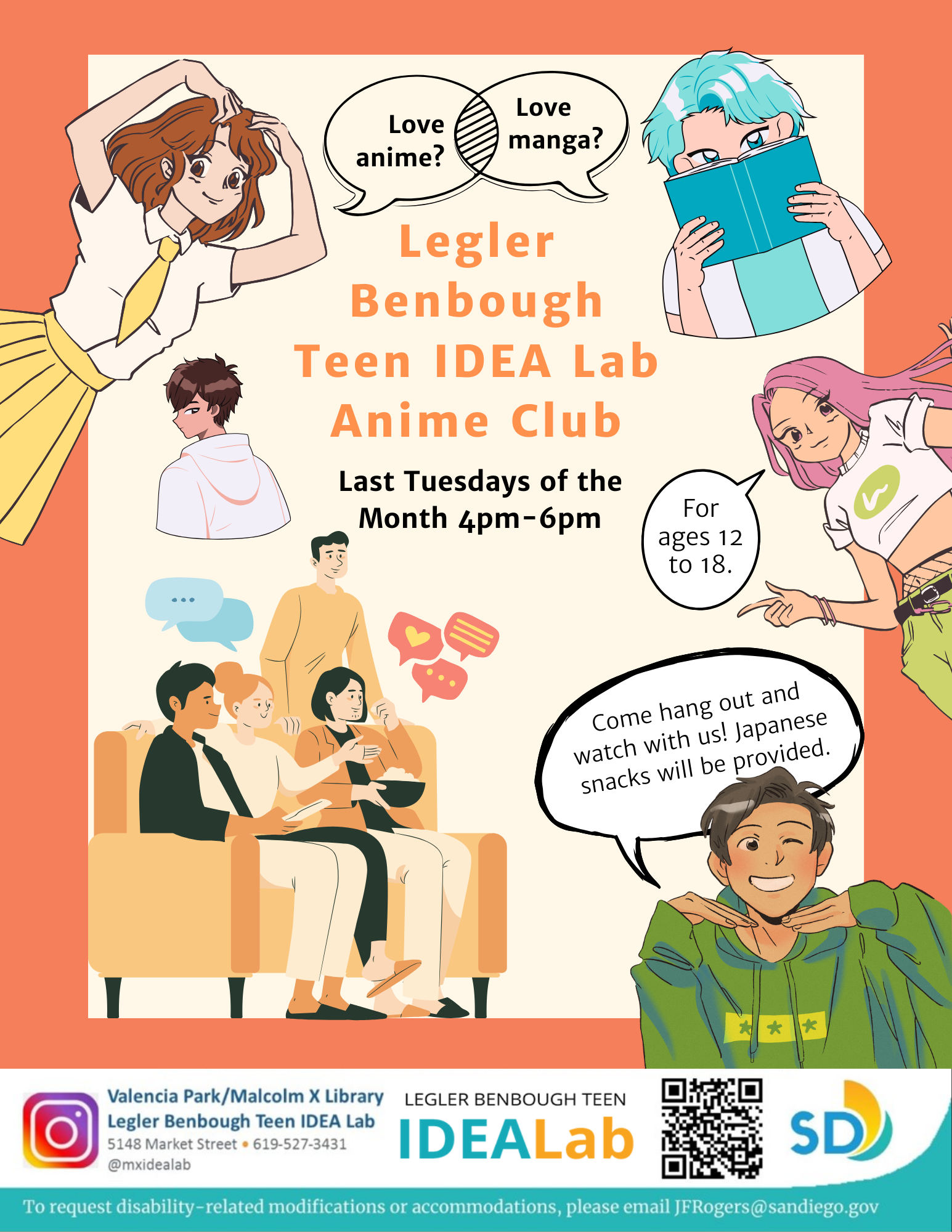 Anime Club on the last Tuesdays of the month from 4pm to 6pm.