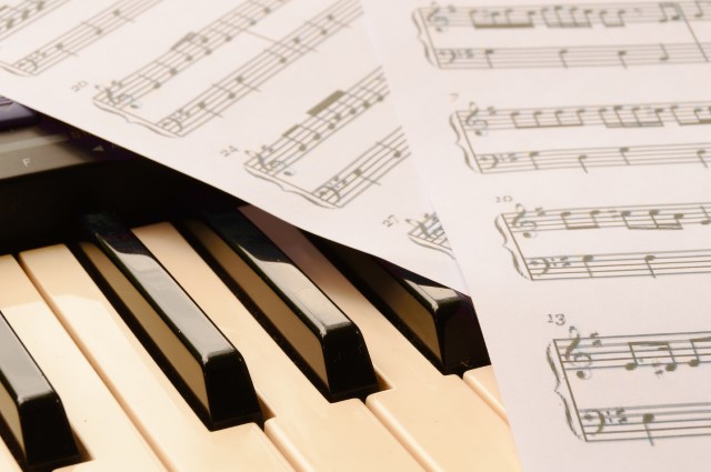 Photo of sheet music on a piano keyboard