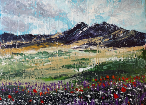 Painting of a mountain and a meadow by artist Olga Mavrina.