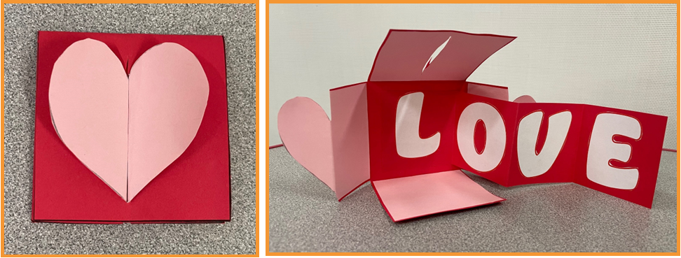Valentine card with a 3-D heart, that opens to reveal the word "LOVE"