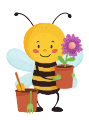 cartoon bee holding a flower pot