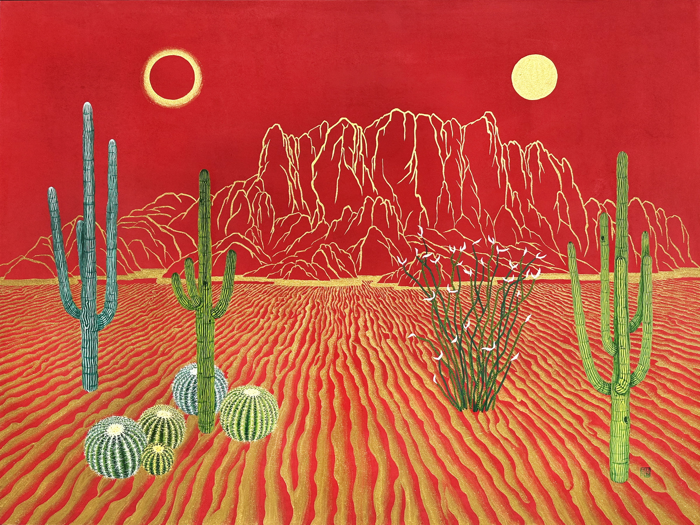 Desert landscape one a vivid red and orange background.