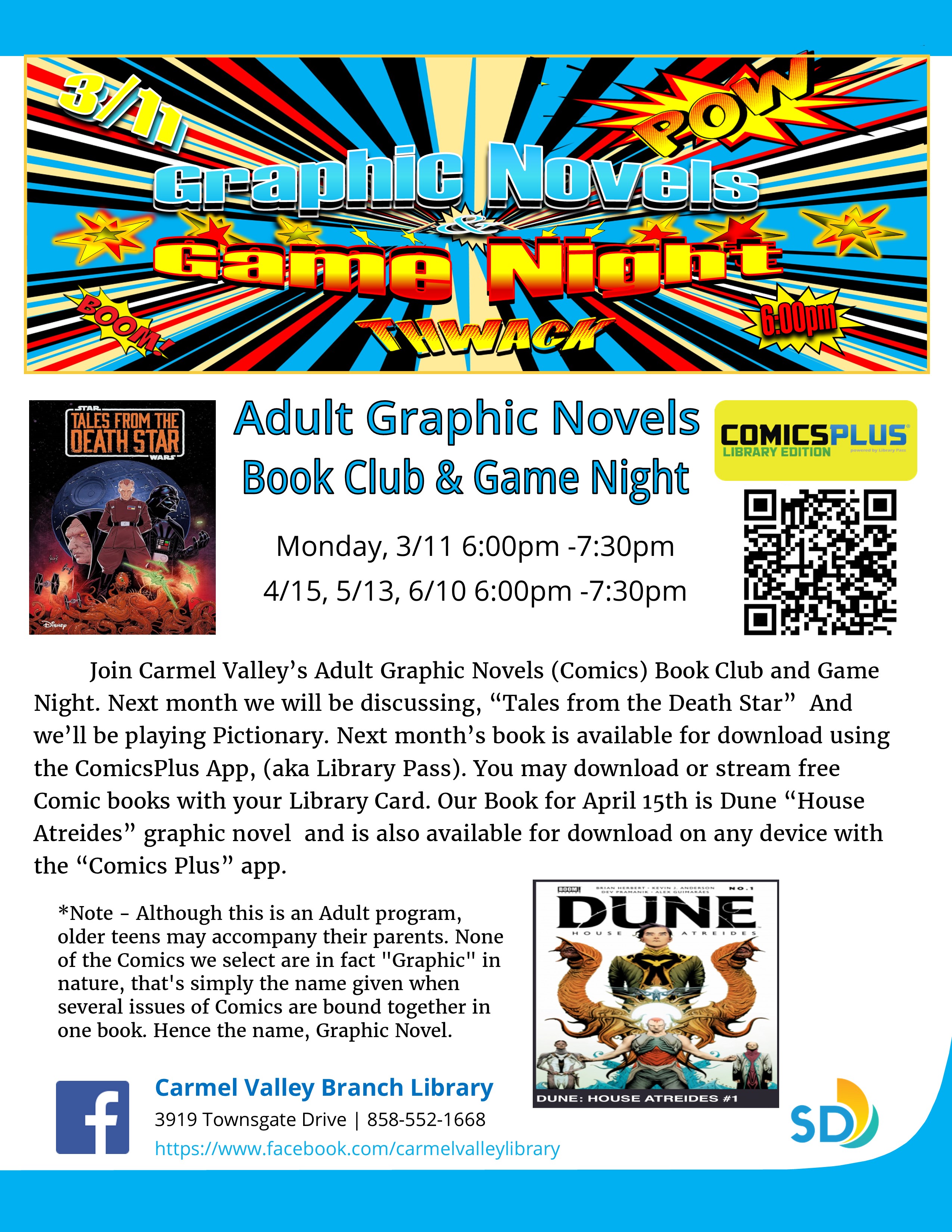 Join us 3/11 6:00pm-7:30pm for Comics, Games and Fun!