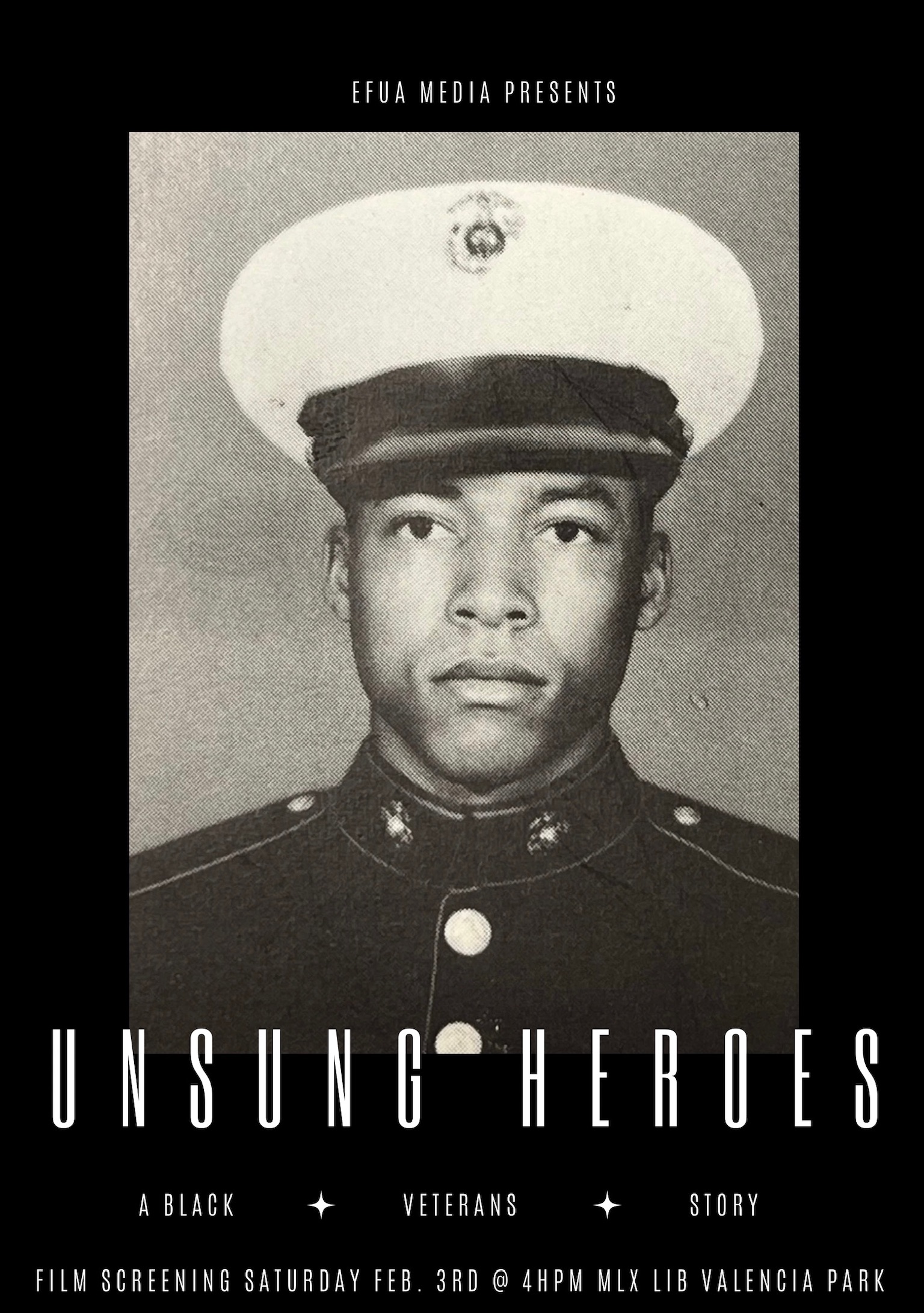 Black and white military portrait of young Marine Alfred Bowdan above text reading "Unsung Heroes" and screening information