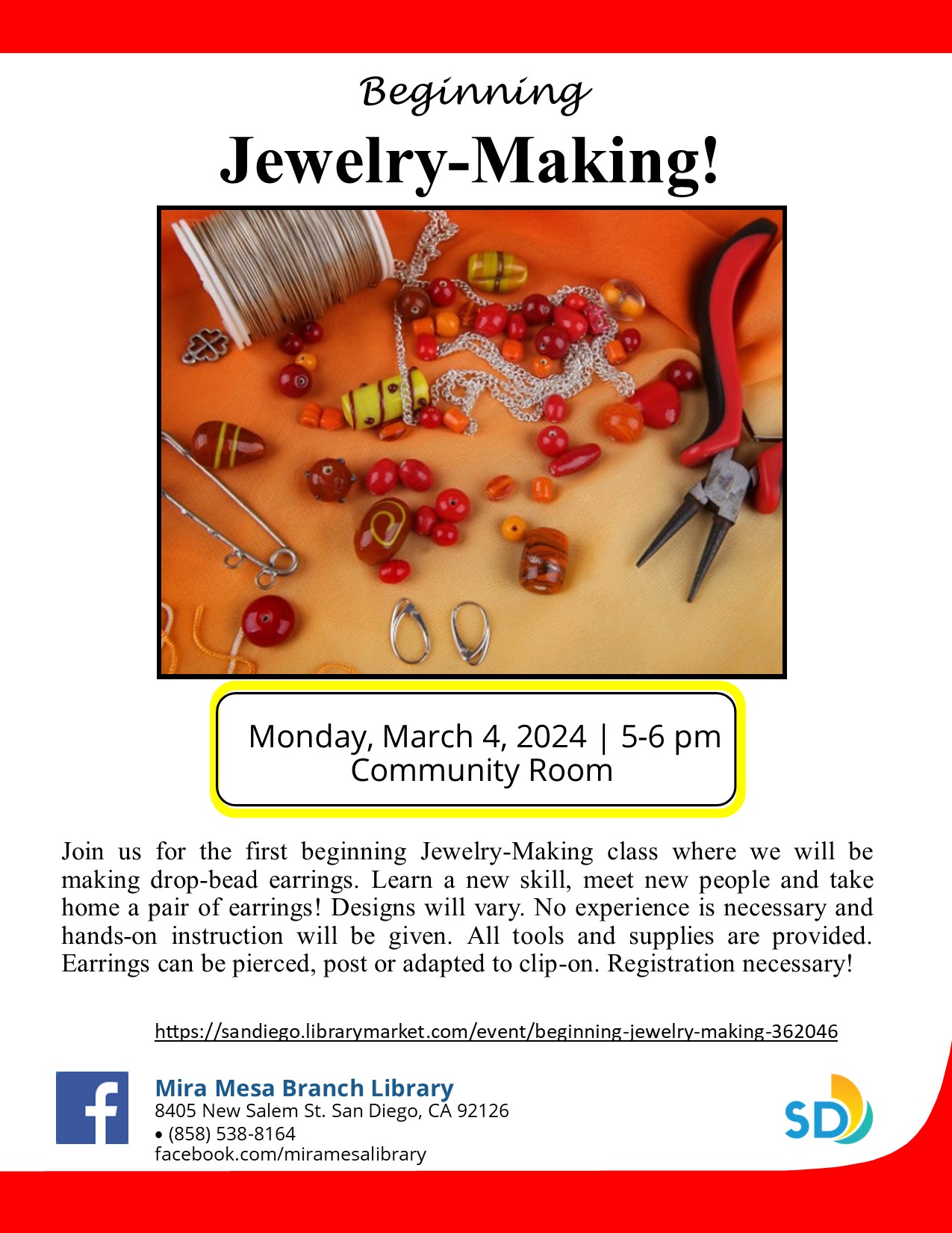 Flyer with red beads and jewelry making tools in a rectangle