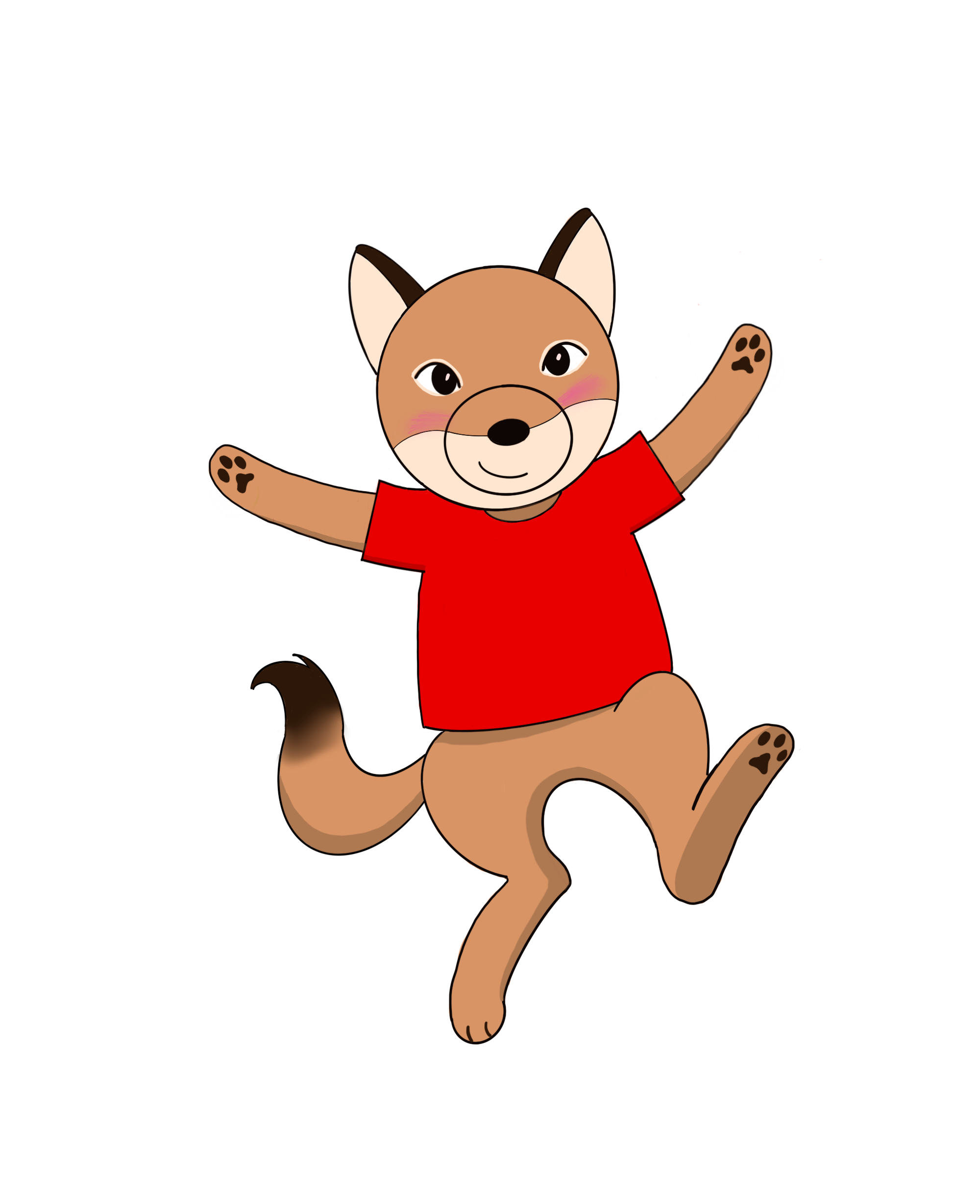Odi the Library Coyote in a red shirt, with arms raised