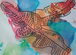 A watercolor and marker painting of two leaves by an elementary school student.