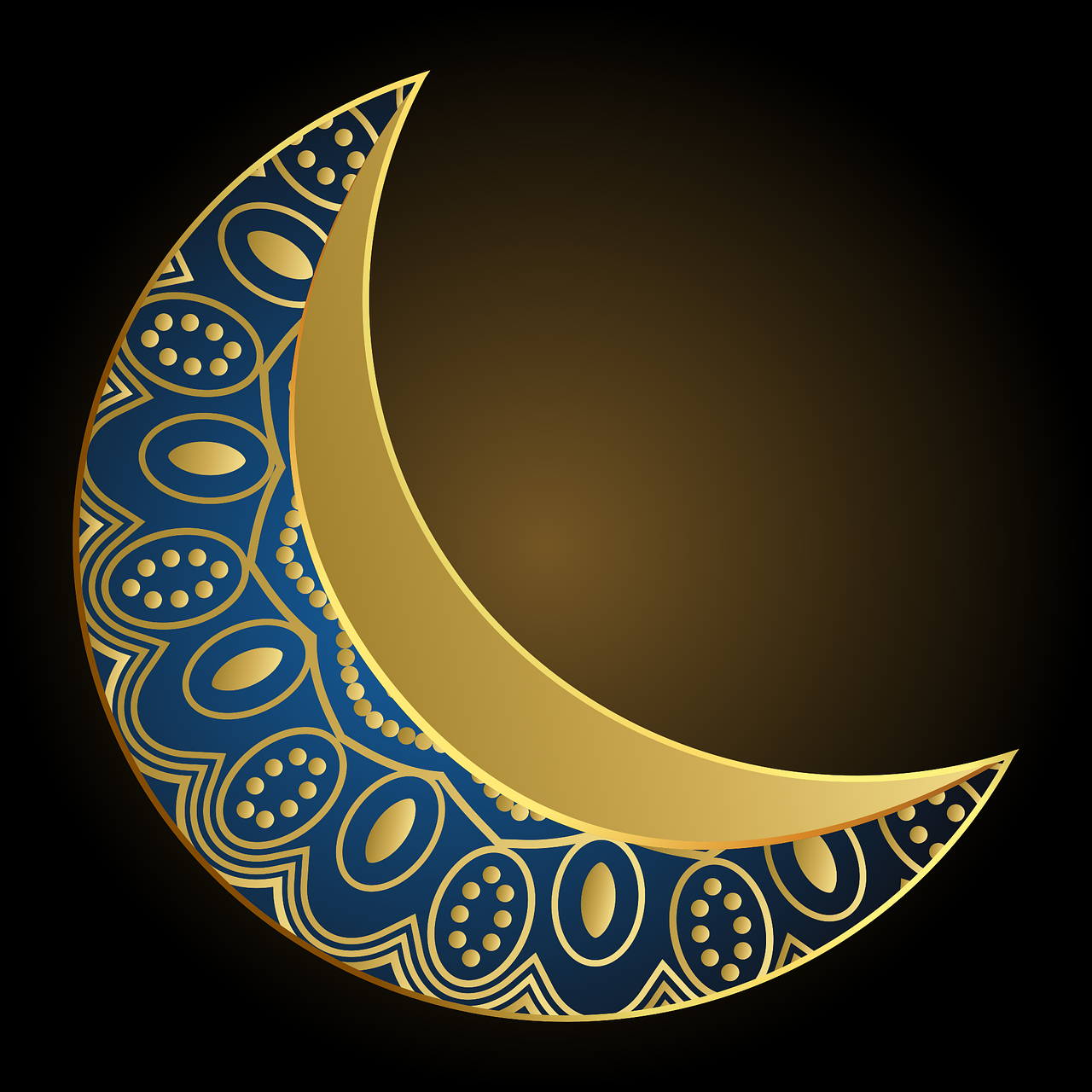 Crescent moon illustration with dark blue and gold design