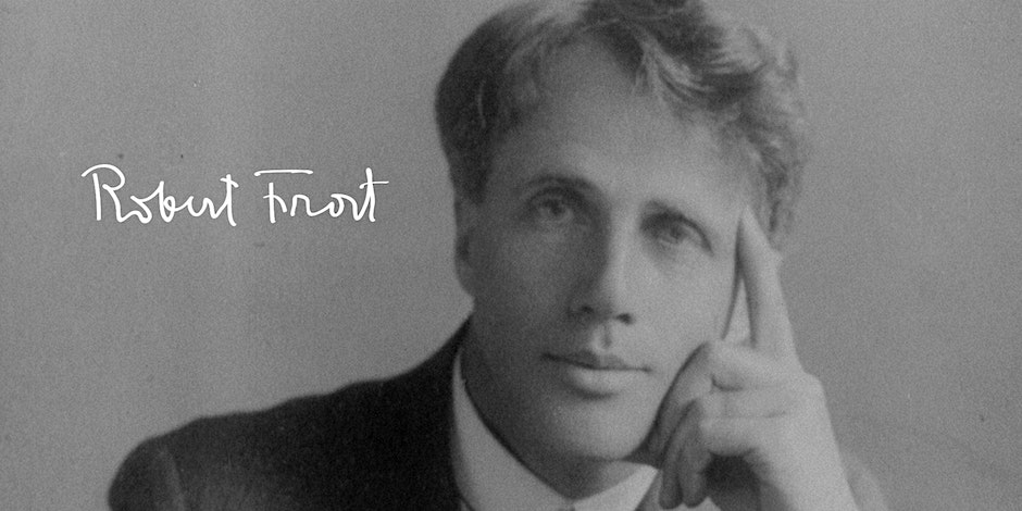 Black and white photograph of author Robert Frost as a young man looking into the camera and resting his head in his left hand with his index finger pressed up to the side of his left temple.