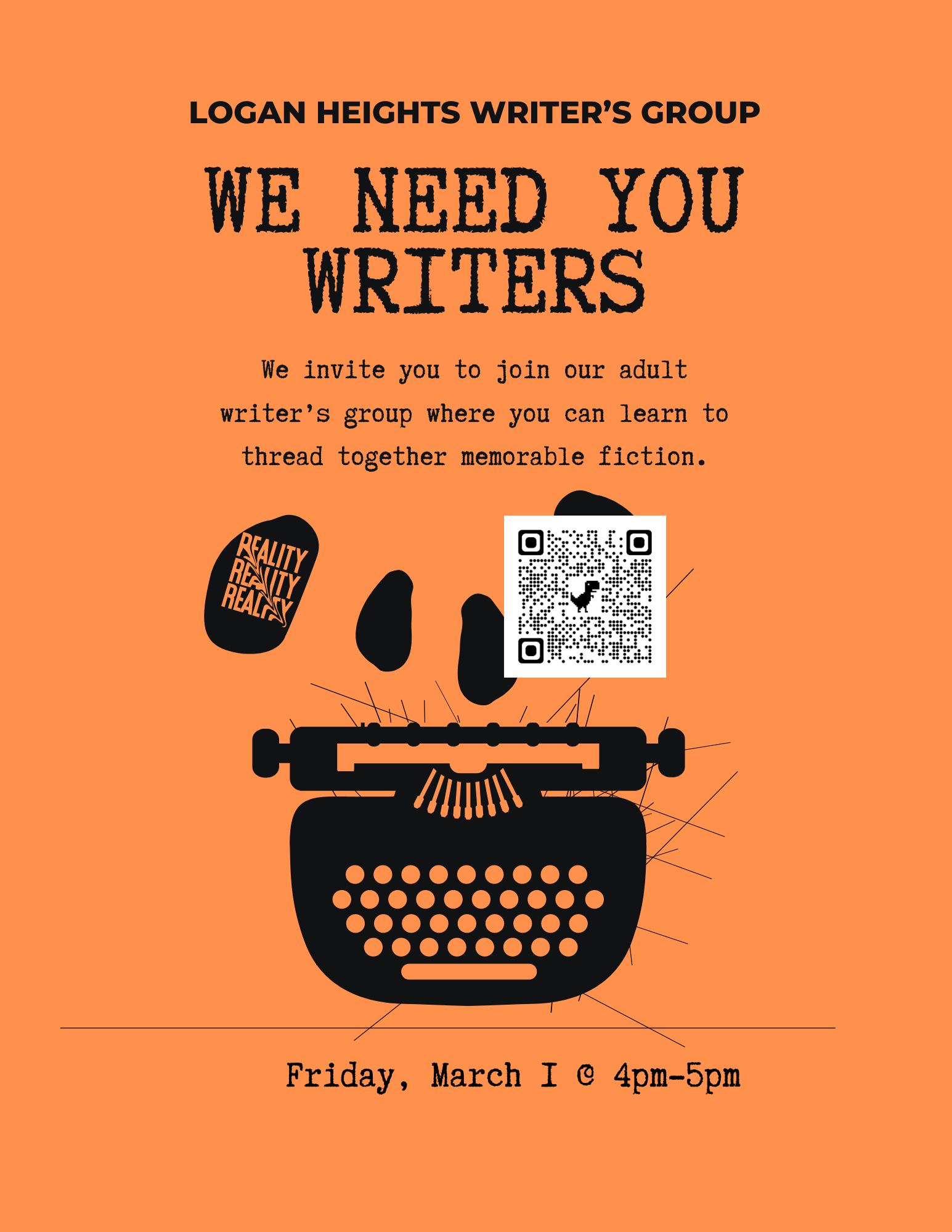 black typewriter, QR Code, and orange background