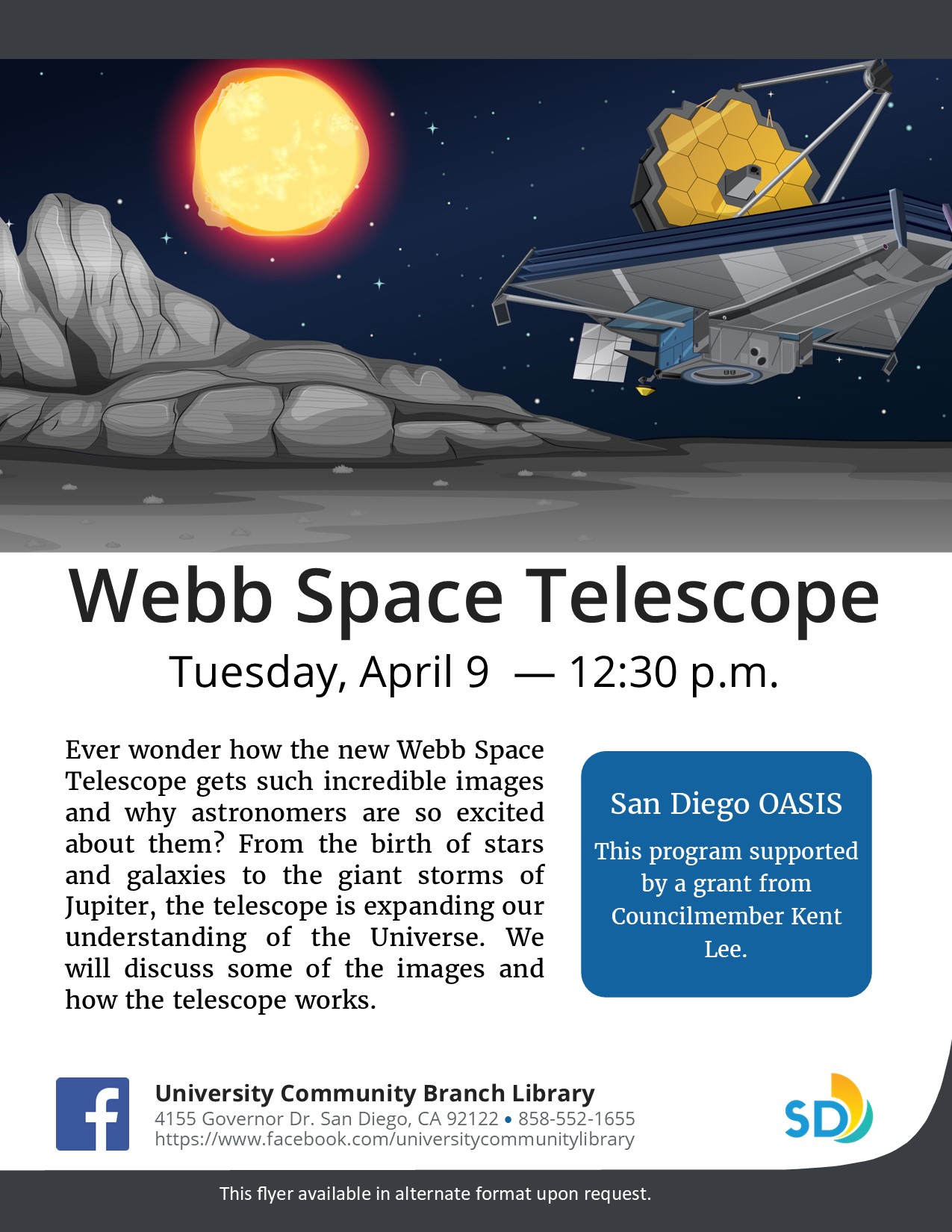 Flyer with a cartoon drawing of the Webb Telescope on a lunar surface with an orange sun in the background. 