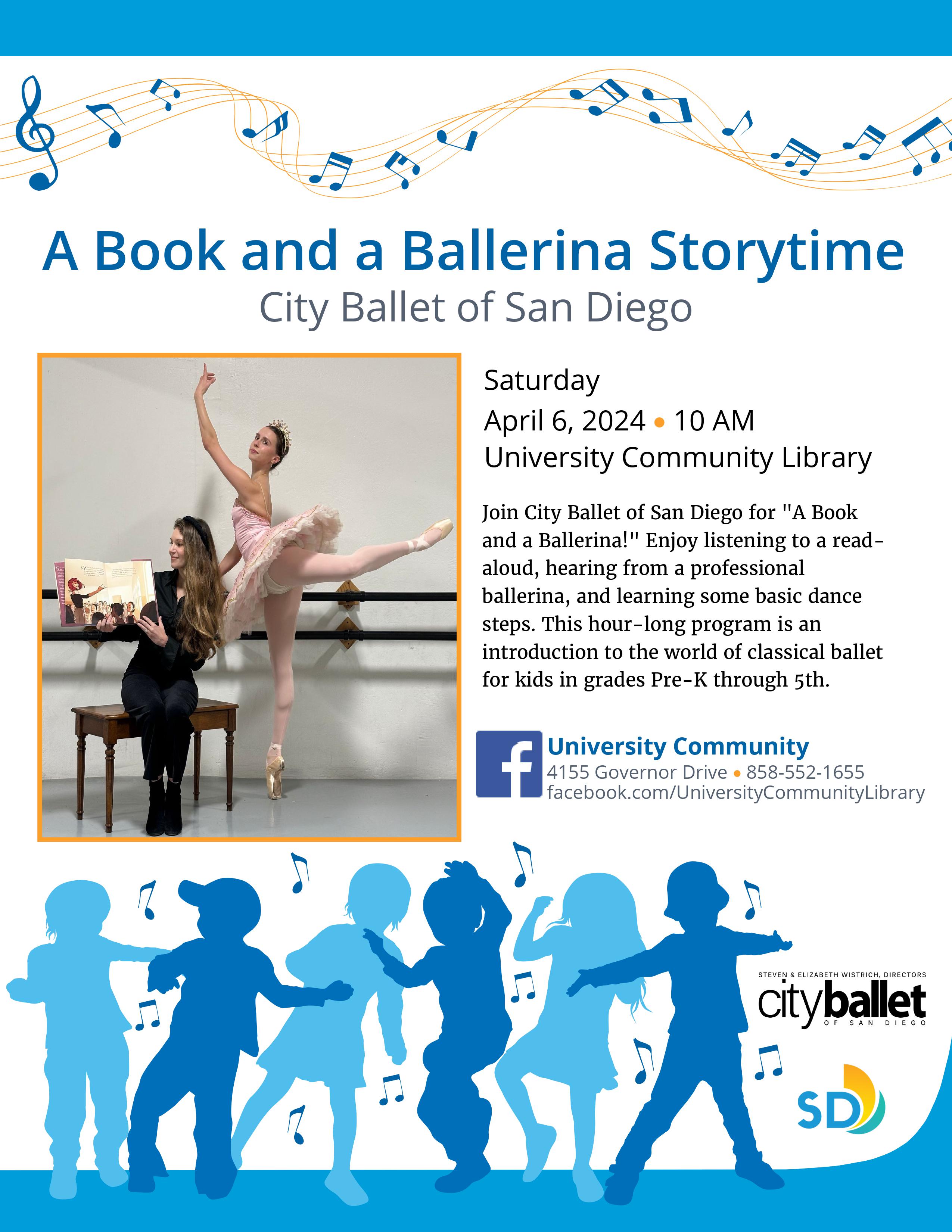 A light blue flyer with a picture of a woman reading a book with a ballerina on a barre behind her.   