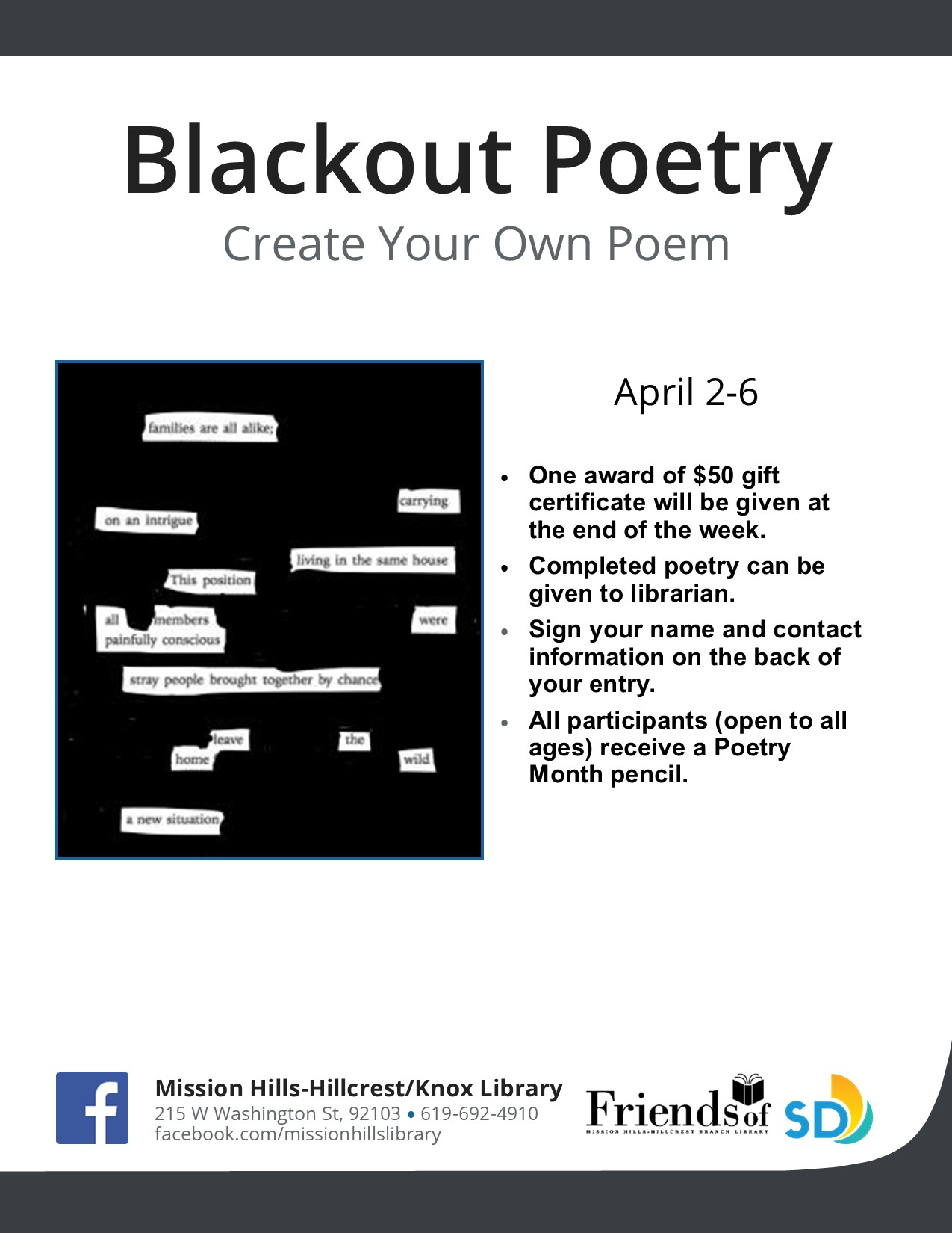 Flyer with details of blackout poetry and sample poem