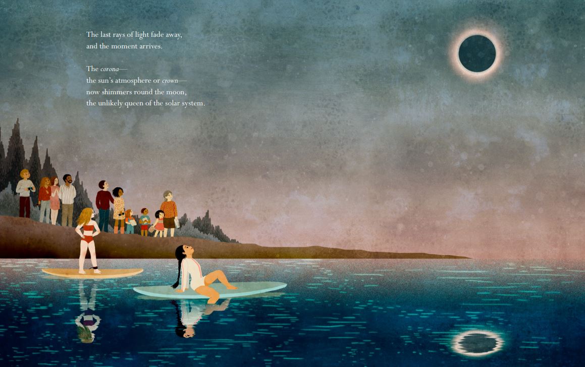 Illustration of people on a beach watching a solar eclipse