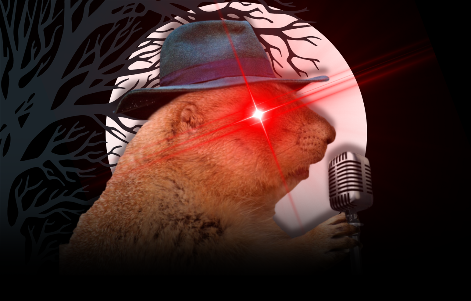 A prairie dog holds a microphone and wears a fedora in front of a spooky tree and a full moon. His eyes shine with an ominous red glow.