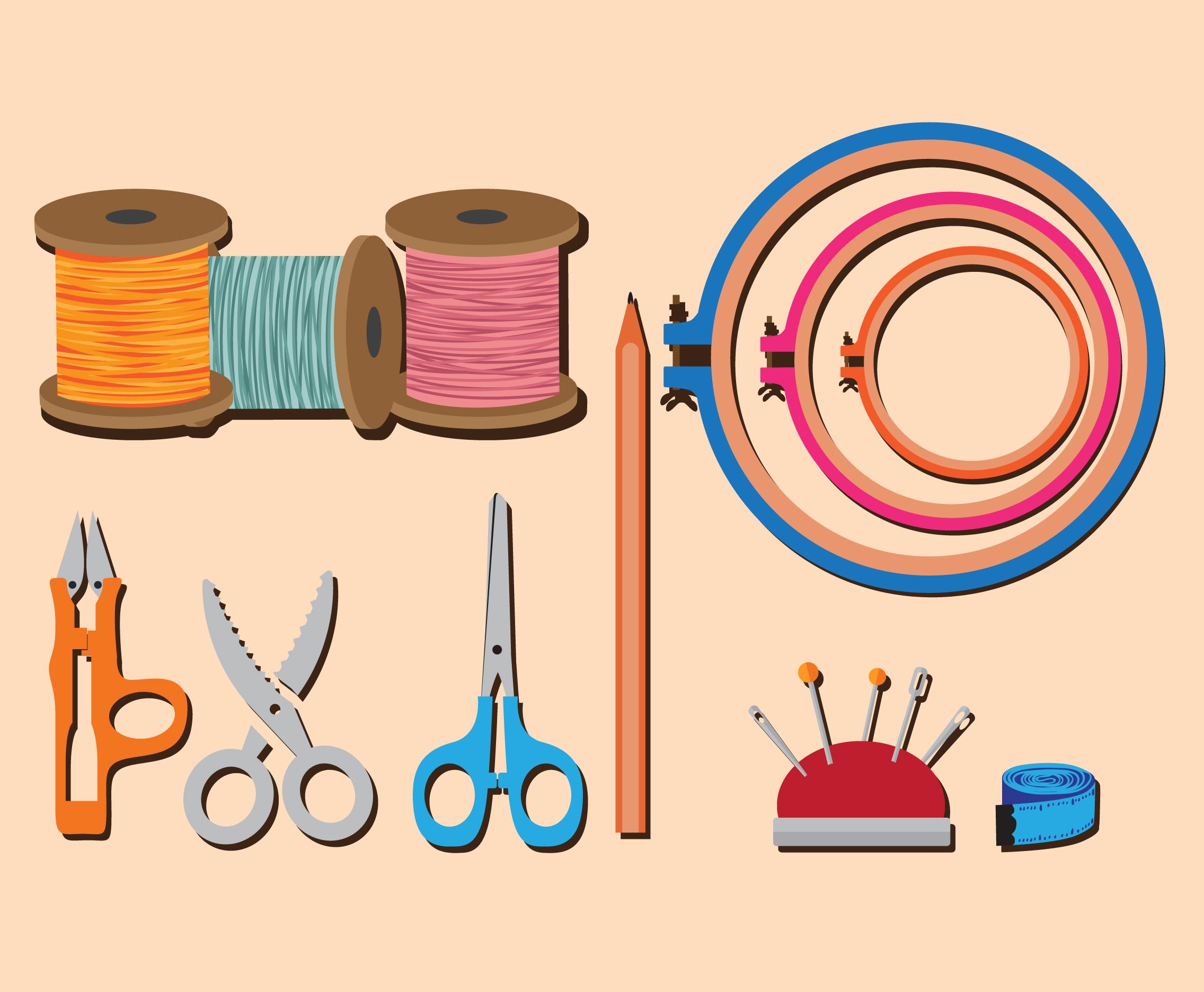 illustration of various embroidery tools