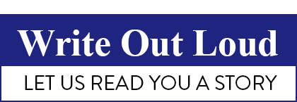 Write Out Loud Logo in white letters with dark blue background, with the text "Let Us Read You a Story" below