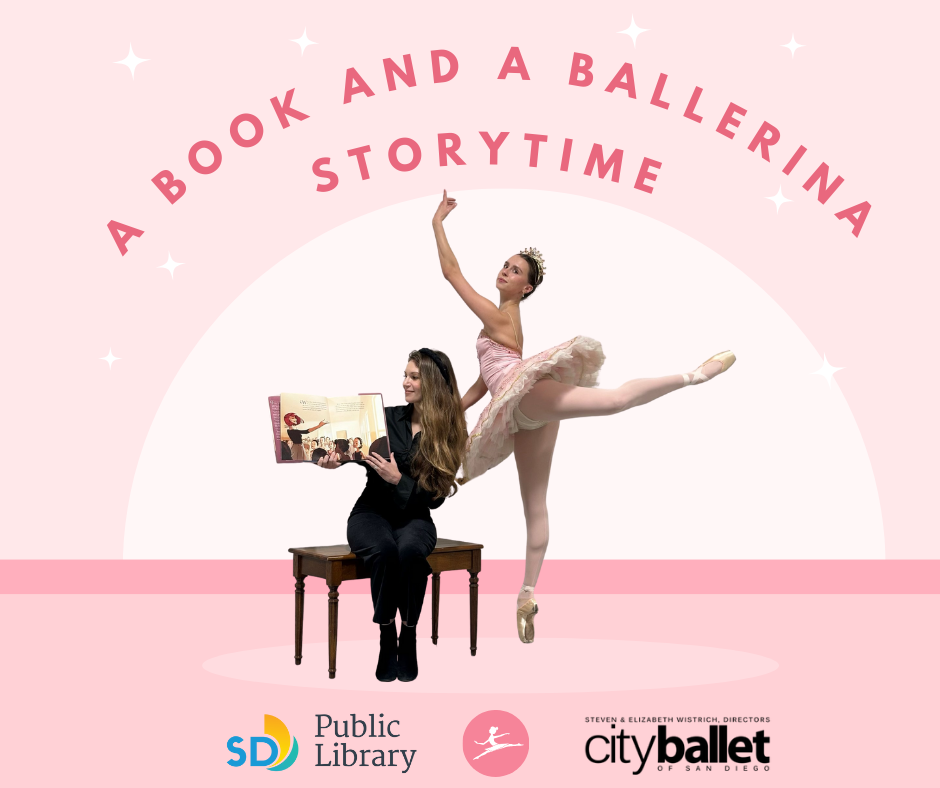 A Ballerina in a pink tutu posing en pointe and another lady in black holding a book open