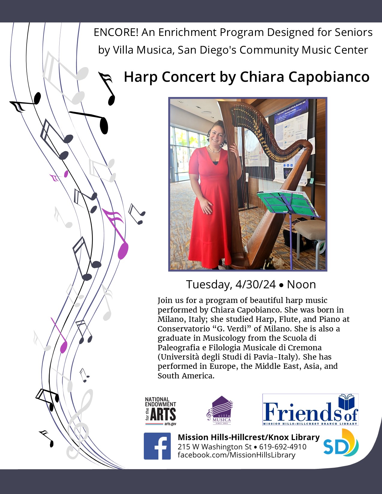 Flyer with event details and photo of Chiara with harp