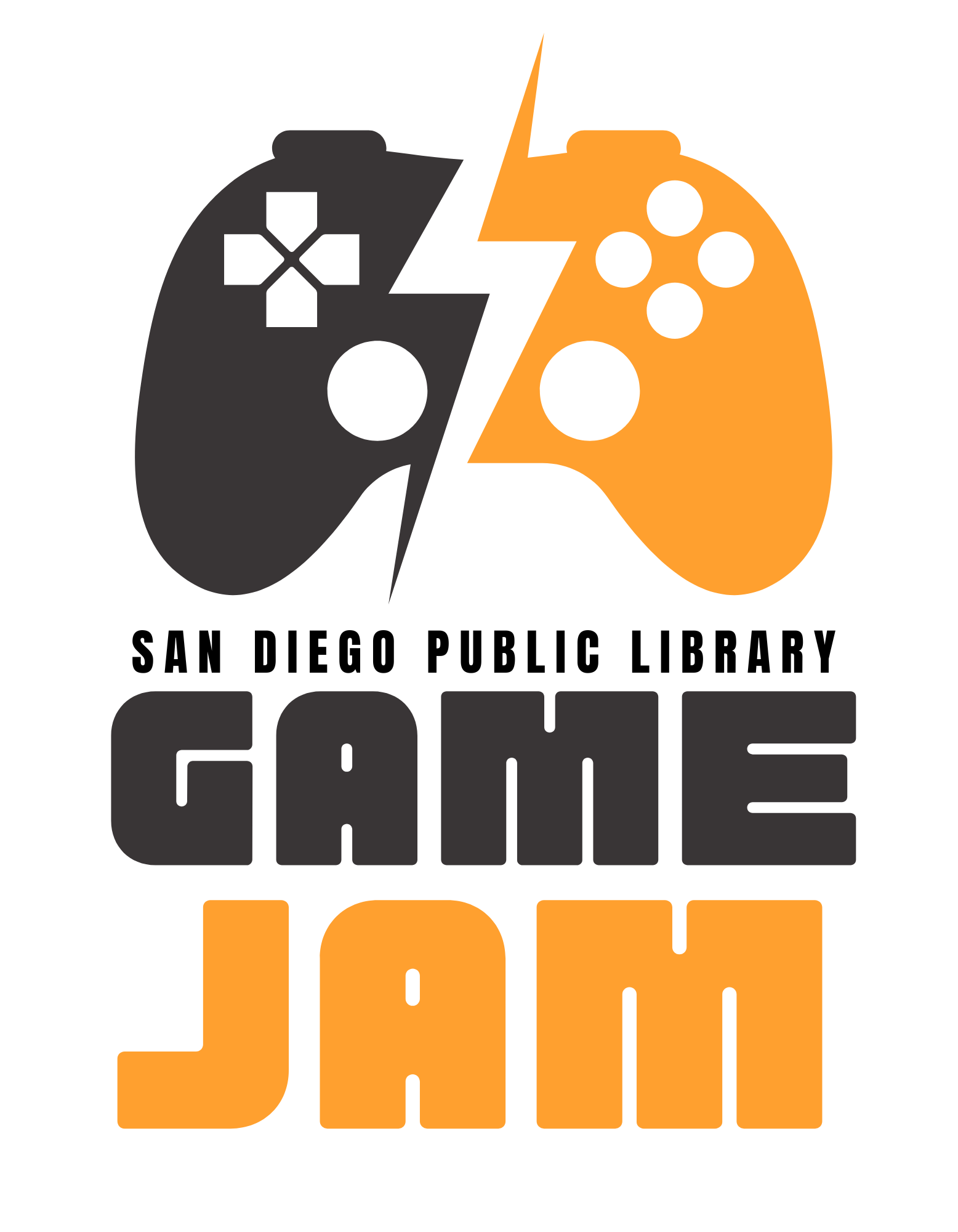 Black and orange video game controller with text underneath stating "San Diego Public Library Game Jam"