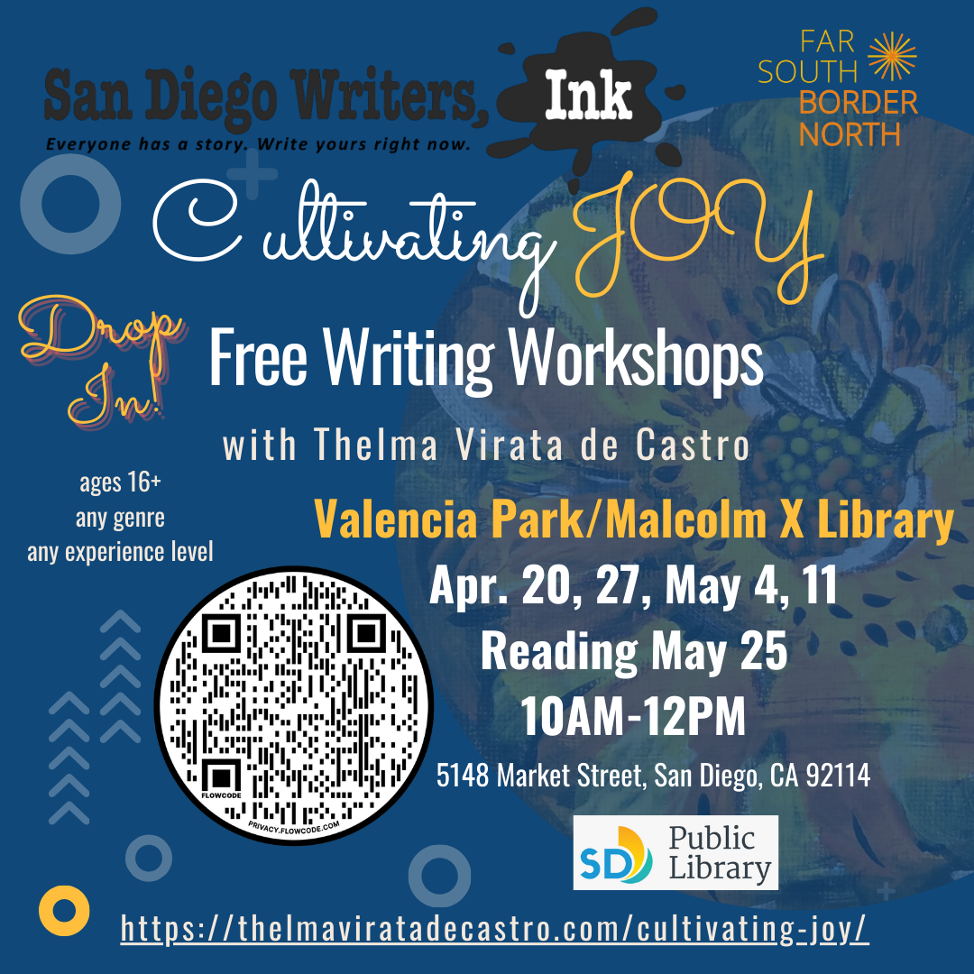Dark background with text "Cultivating JOY Free Writing Workshop" and workshop dates