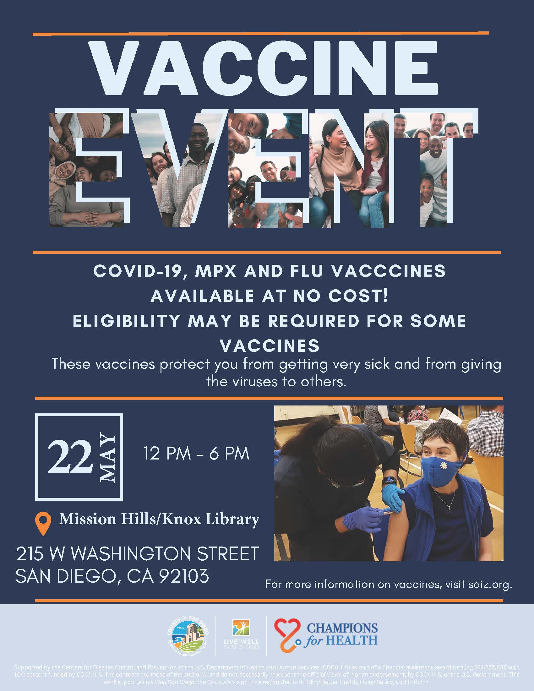 Flyer with details of event and photo of person receiving vaccine